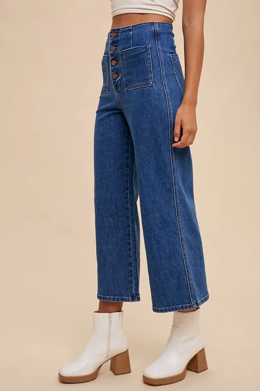 Dark Blue Button Fly High Waist Jeans