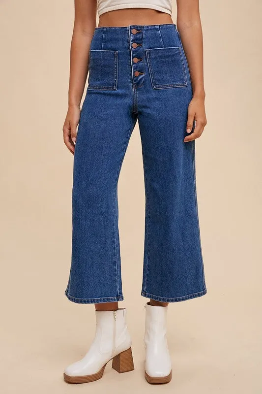 Dark Blue Button Fly High Waist Jeans
