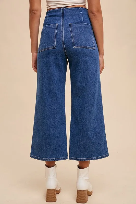 Dark Blue Button Fly High Waist Jeans