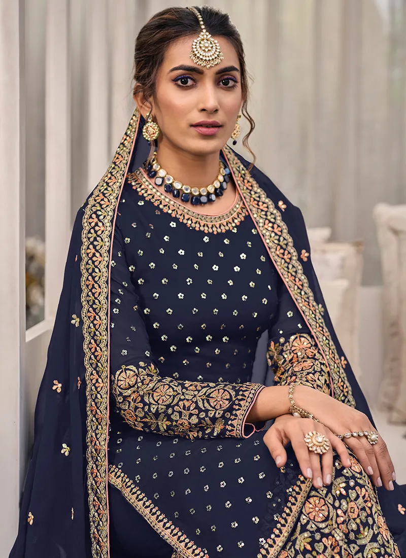 Dark Blue Multi Embroidered Traditional Gharara Suit