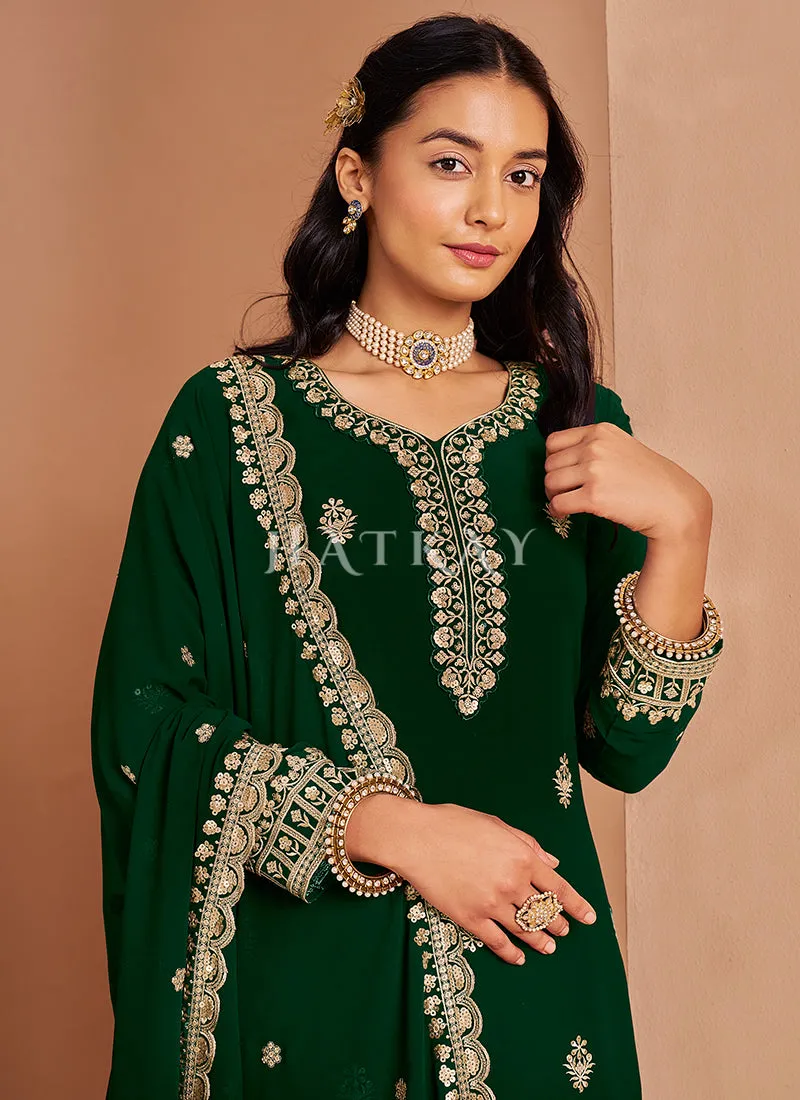 Dark Green Embroidered Georgette Palazzo Suit
