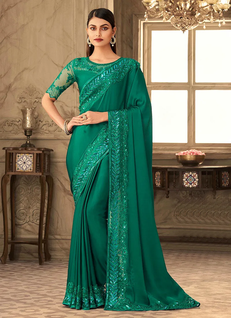 Dark Green Embroidered Silk Saree