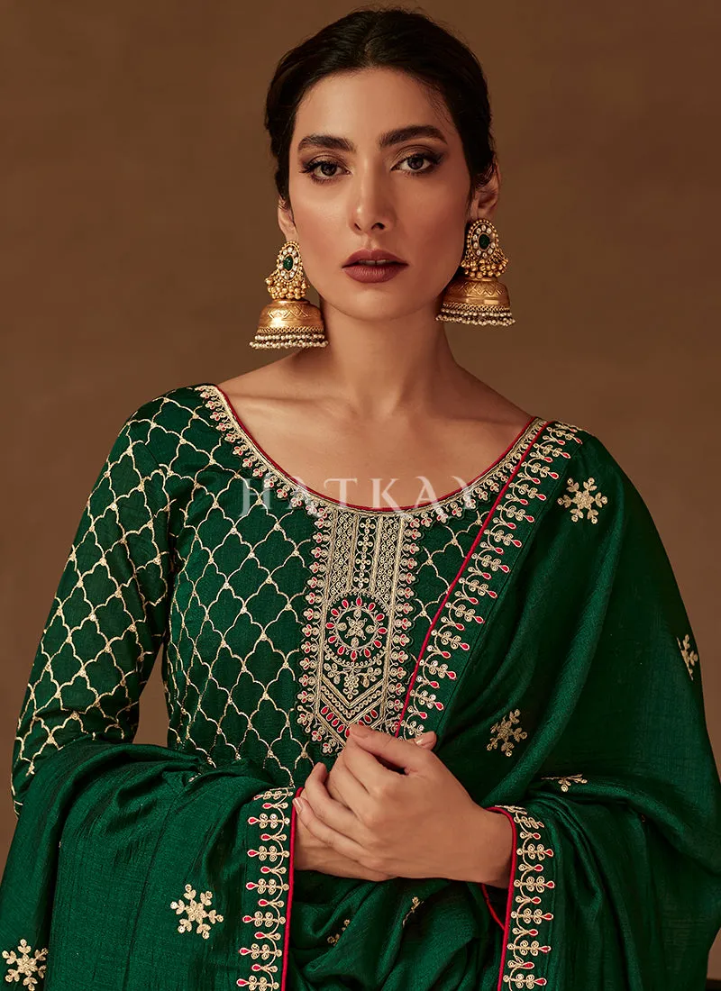 Dark Green Embroidery Traditional Silk Salwar Kameez