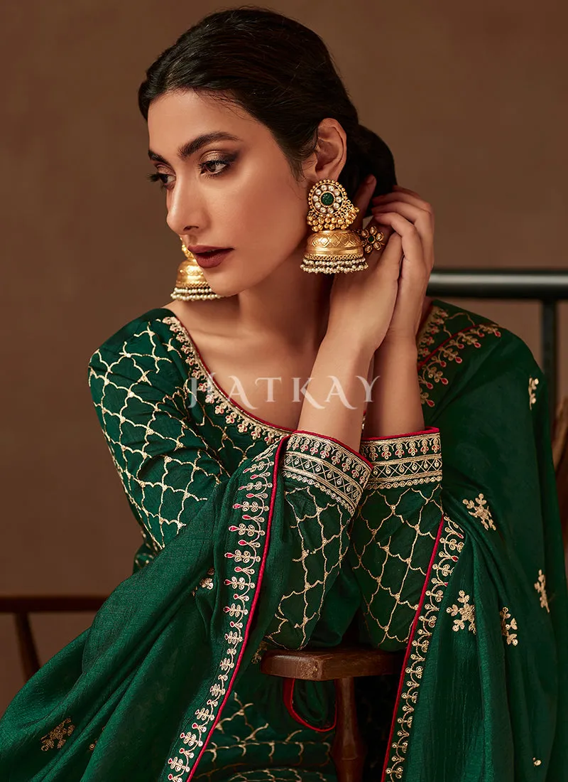 Dark Green Embroidery Traditional Silk Salwar Kameez