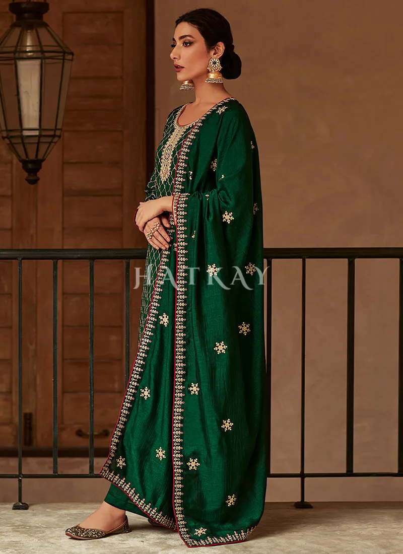 Dark Green Embroidery Traditional Silk Salwar Kameez