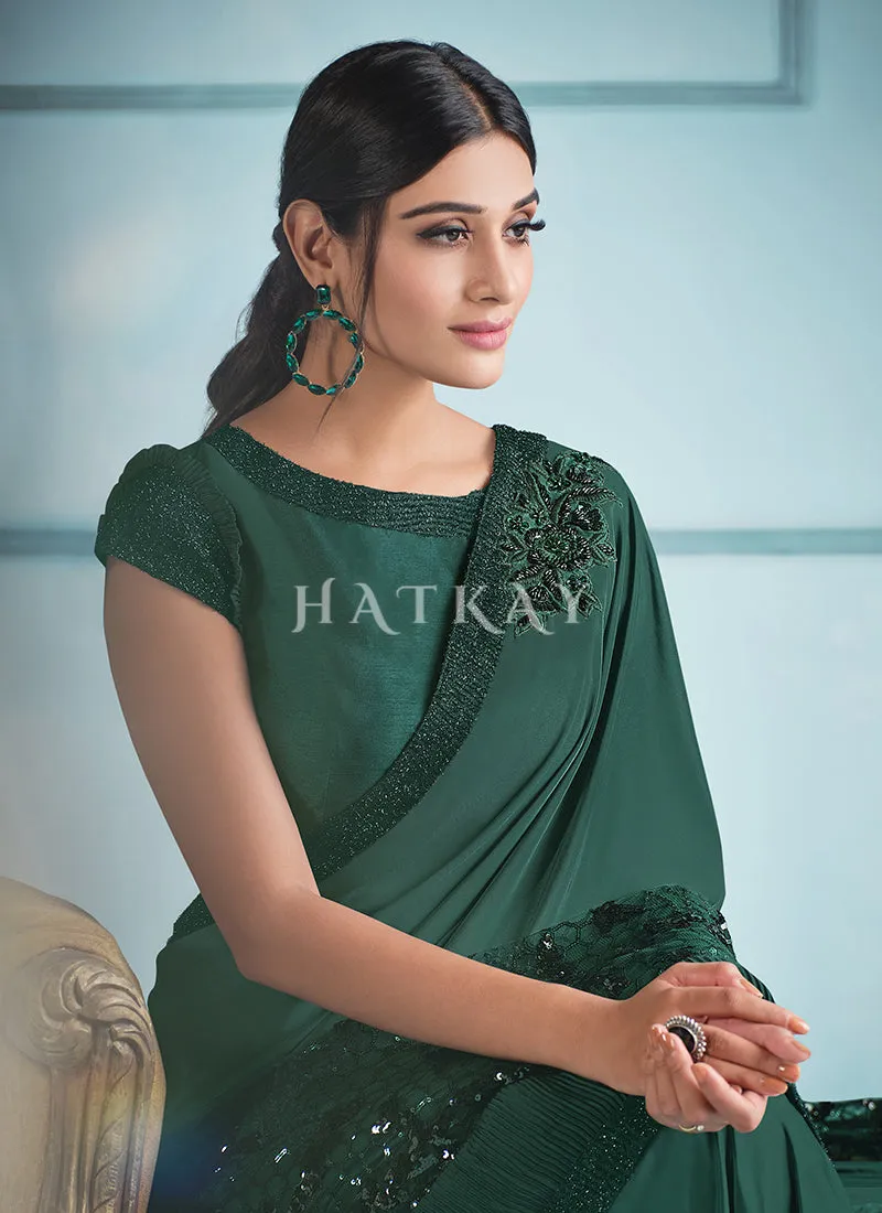 Dark Green Sequence Embroidered Festive Saree