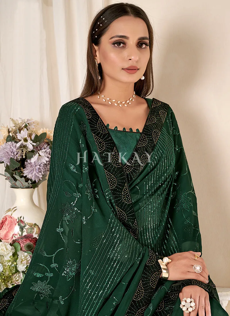 Dark Green Sequence Embroidery Georgette Saree
