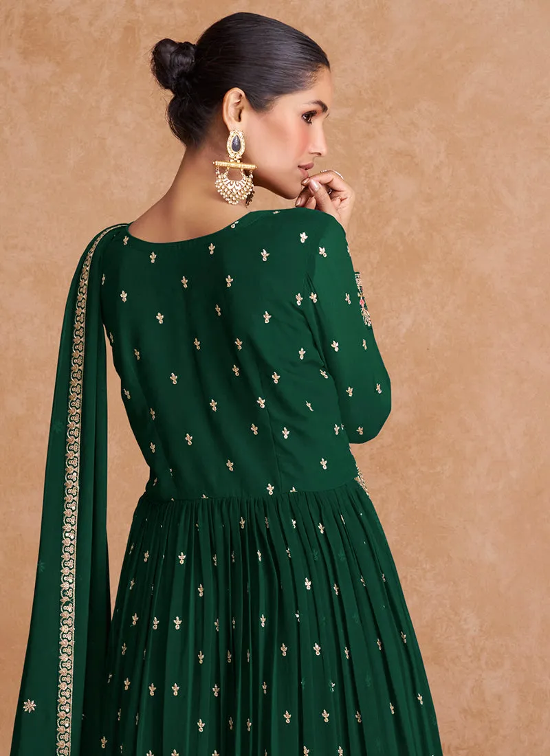 Dark Green Sequence Embroidery High Slit Palazzo Suit
