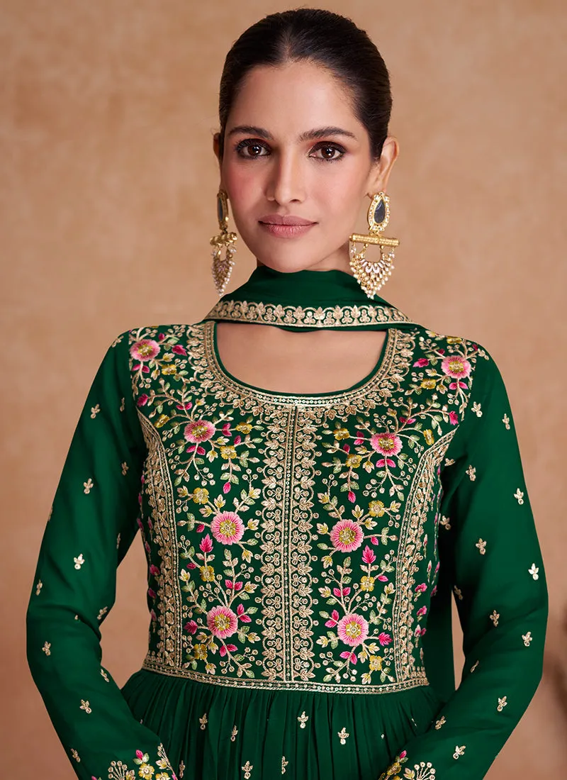 Dark Green Sequence Embroidery High Slit Palazzo Suit