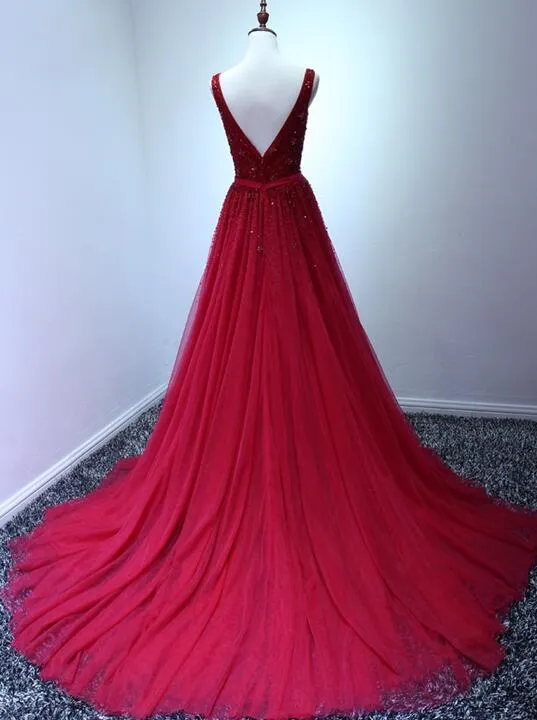 Dark Red Beaded Tulle Party Gowns , Tulle Backless Sexy Prom Dress , Beaded Evening Gowns
