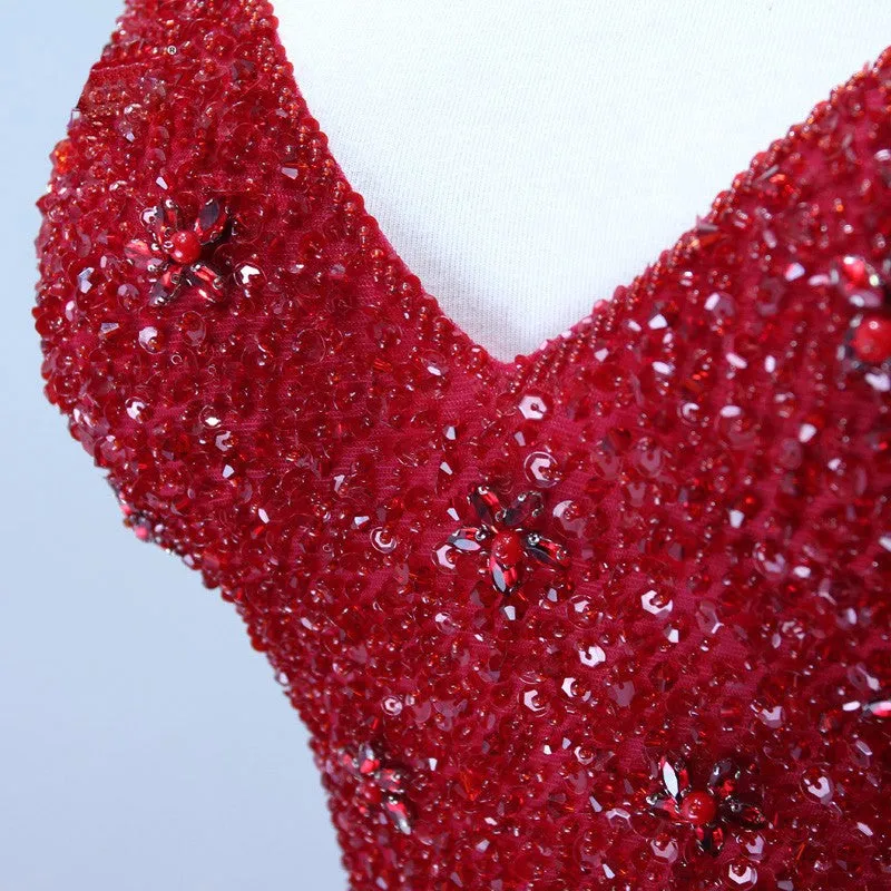 Dark Red Beaded Tulle Party Gowns , Tulle Backless Sexy Prom Dress , Beaded Evening Gowns