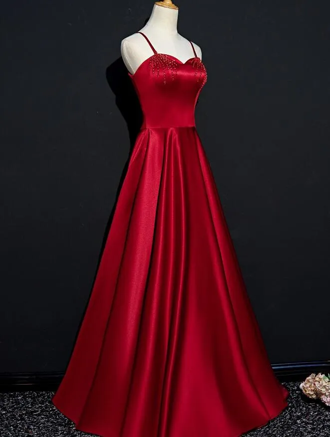 Dark Red Straps Beaded Sweetheart Satin Long Party Dress, Wine Red Prom Dresses