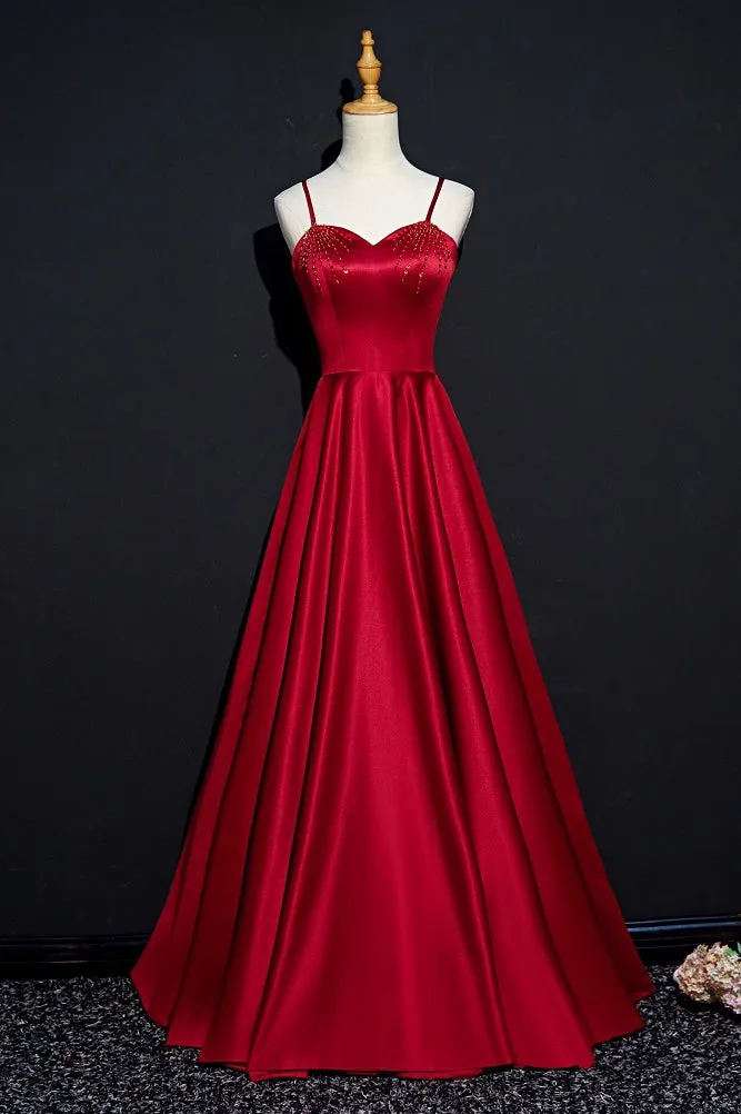 Dark Red Straps Beaded Sweetheart Satin Long Party Dress, Wine Red Prom Dresses
