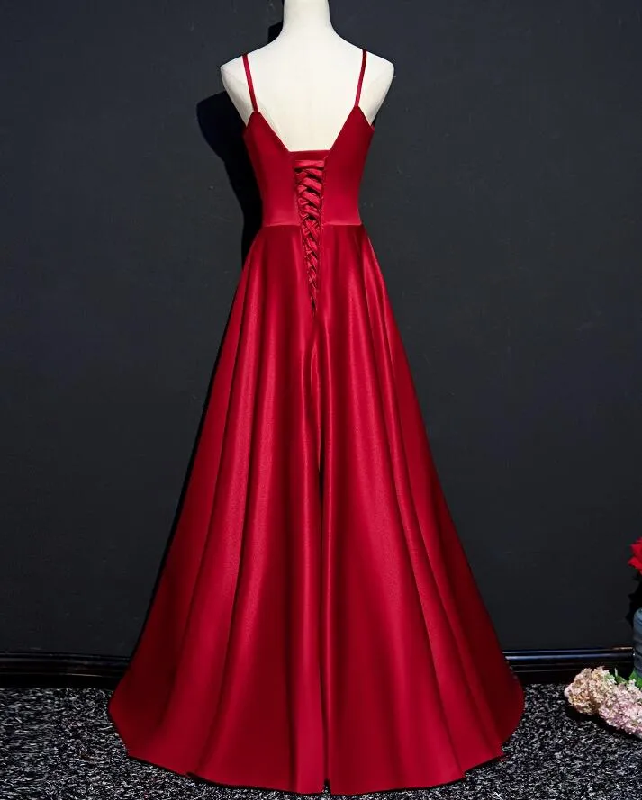 Dark Red Straps Beaded Sweetheart Satin Long Party Dress, Wine Red Prom Dresses