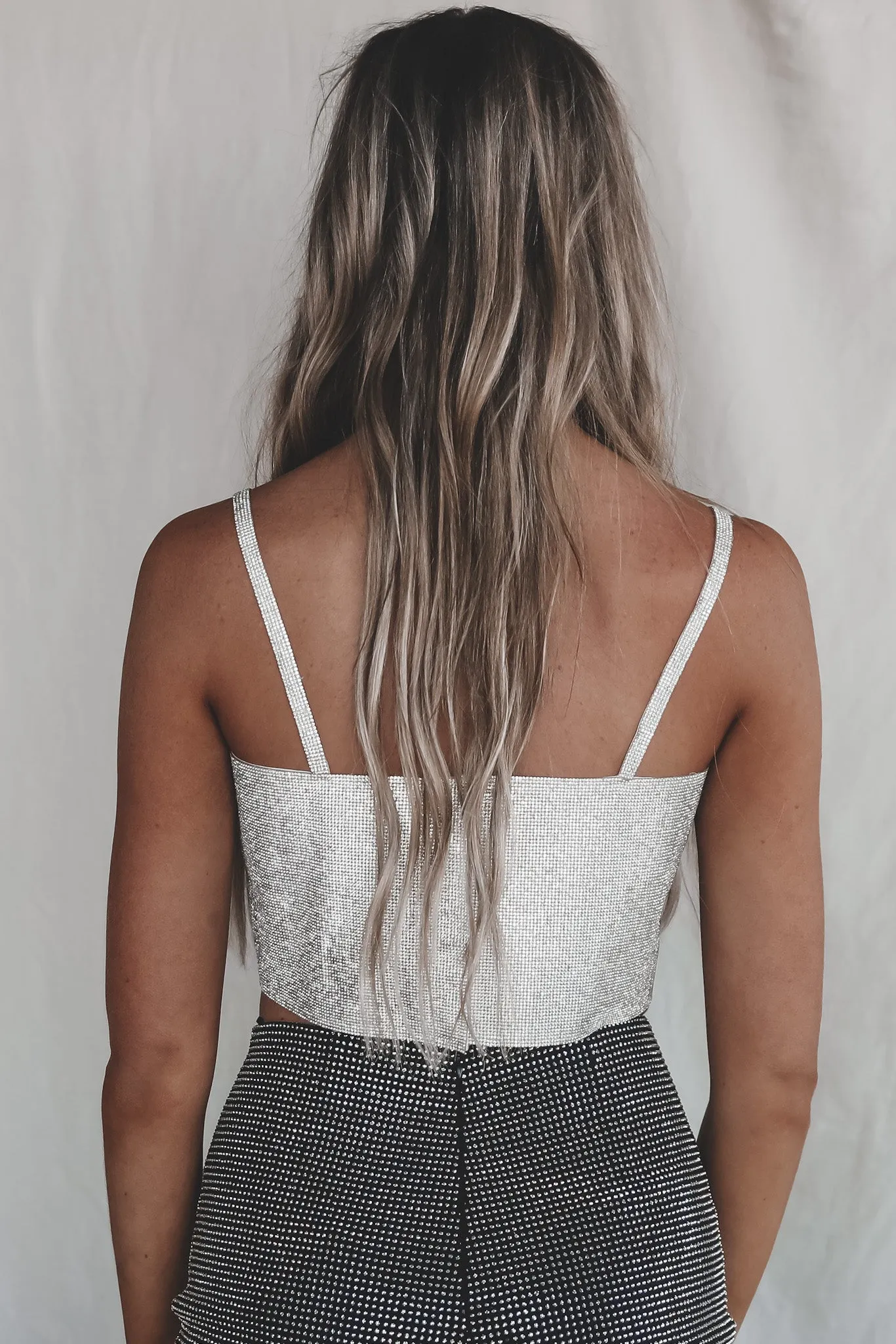 DEAL Stars In The City Silver Rhinestone Sequin Crop Top