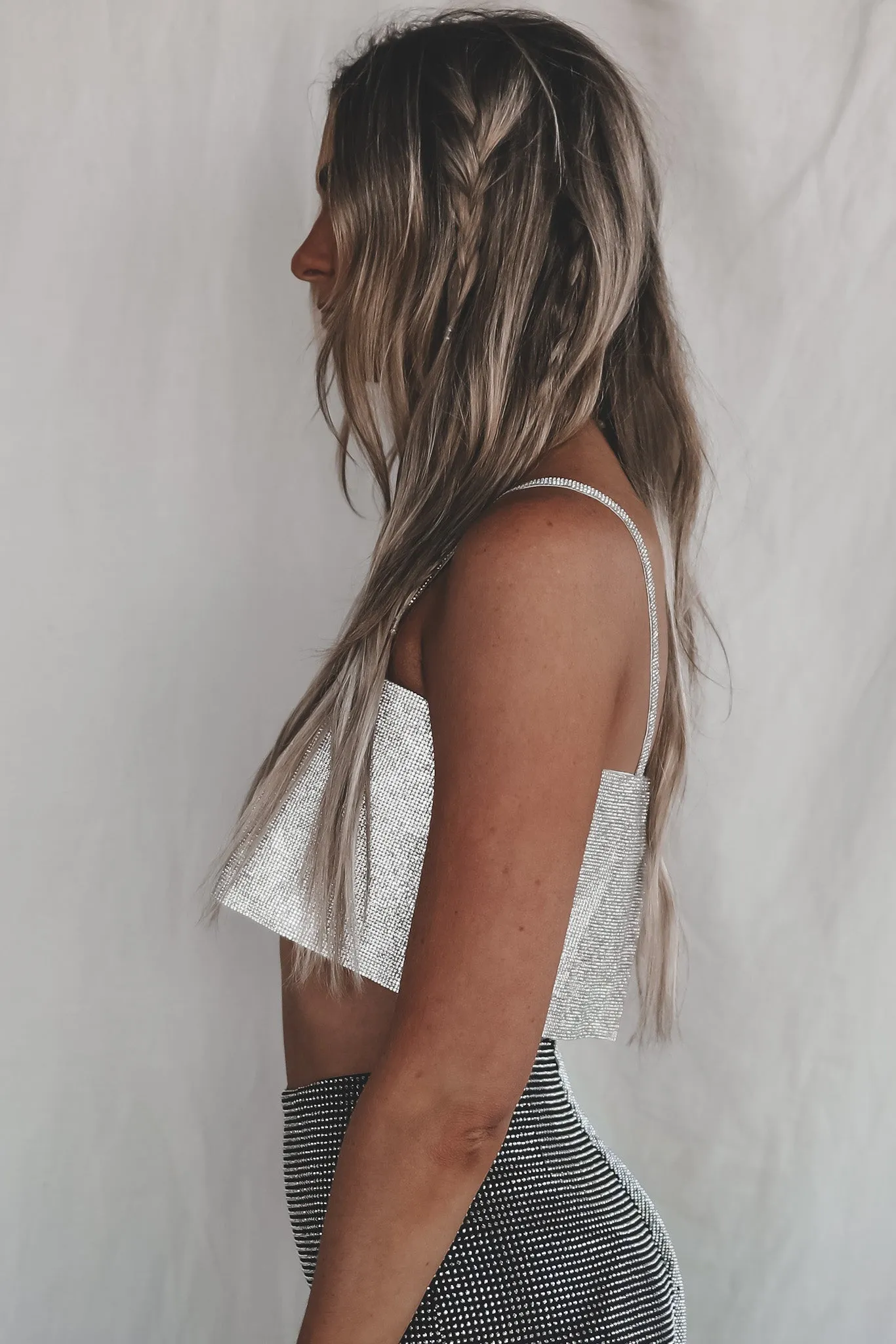 DEAL Stars In The City Silver Rhinestone Sequin Crop Top
