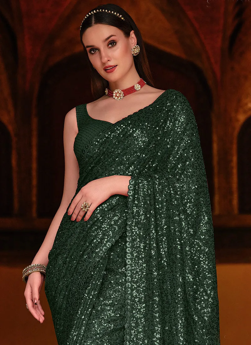 Deep Green Sequence Work Party Wear Saree