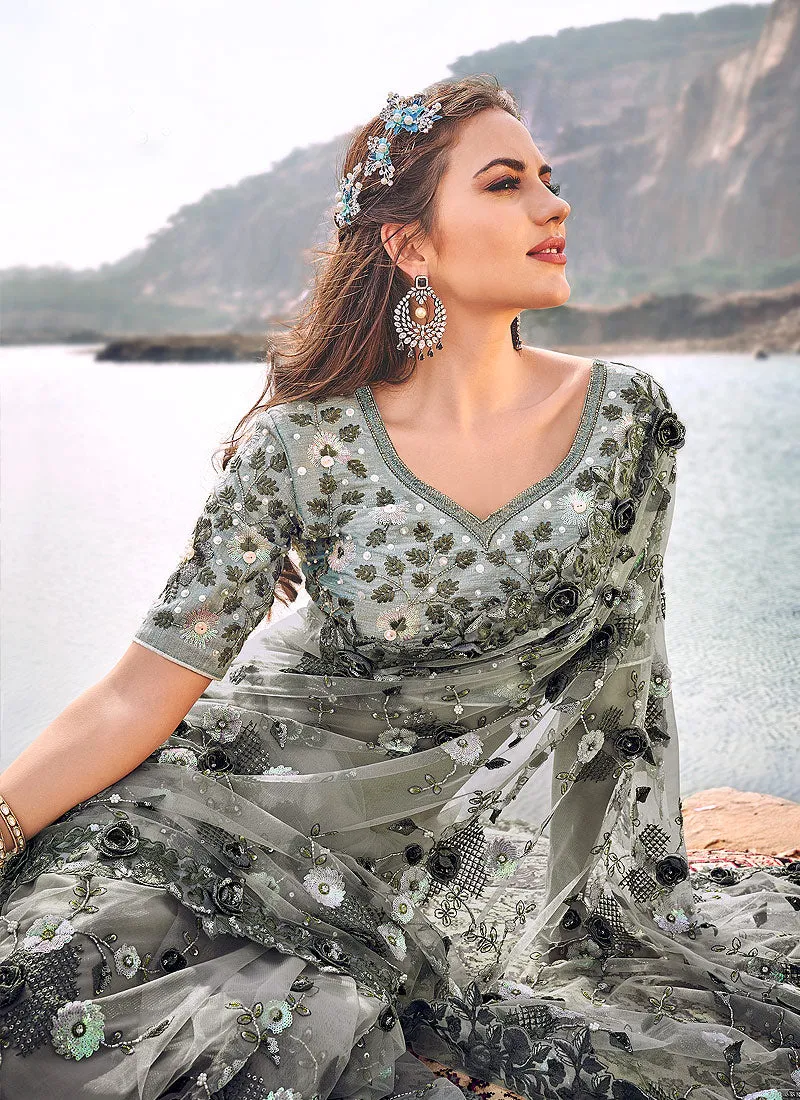 Deep Grey Floral Embroidered Party Wear Saree