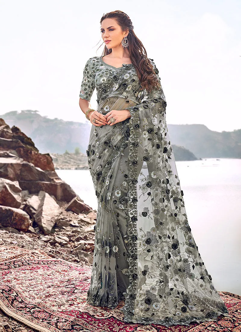 Deep Grey Floral Embroidered Party Wear Saree