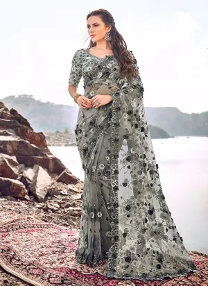 Deep Grey Floral Embroidered Party Wear Saree