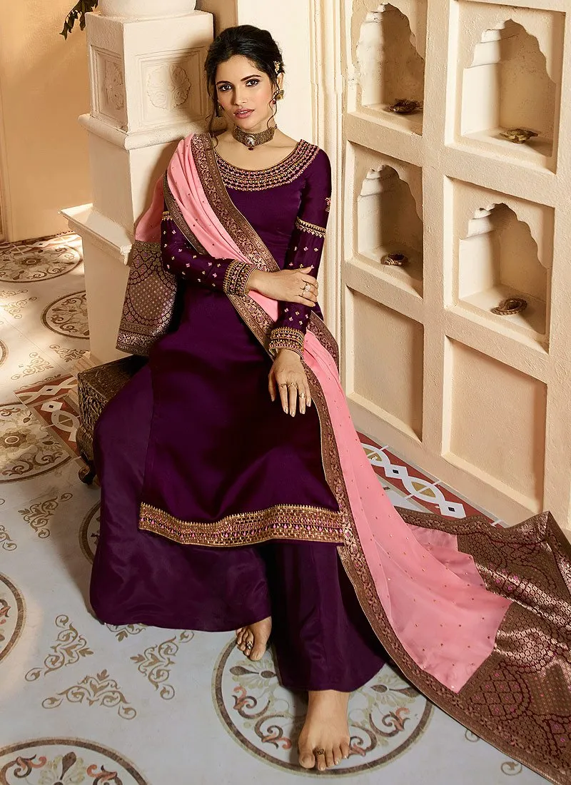 Deep Purple And Pink Palazzo Pant Suit