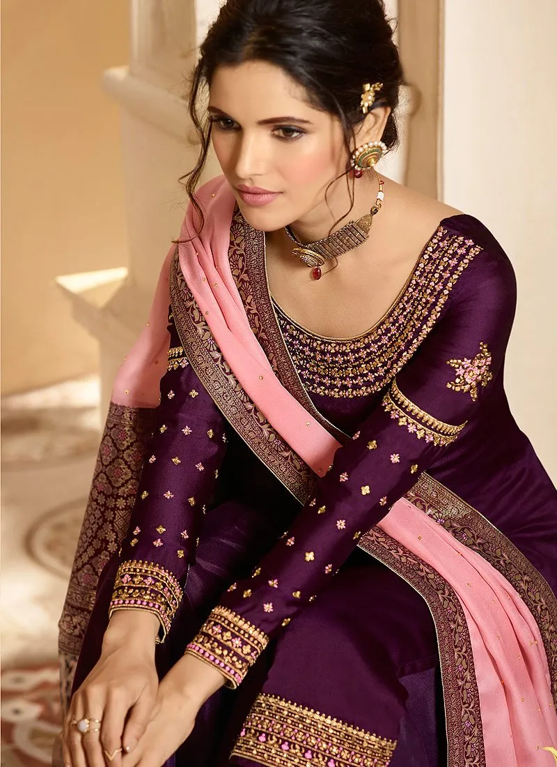 Deep Purple And Pink Palazzo Pant Suit