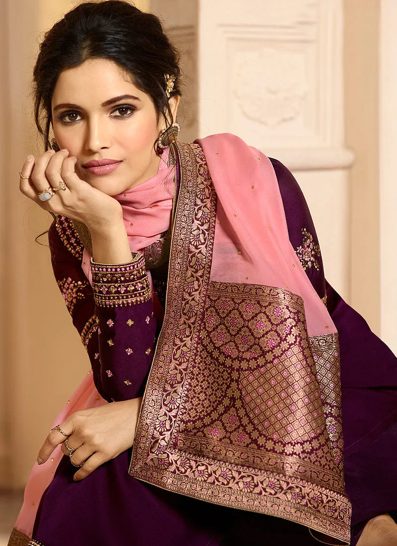 Deep Purple And Pink Palazzo Pant Suit