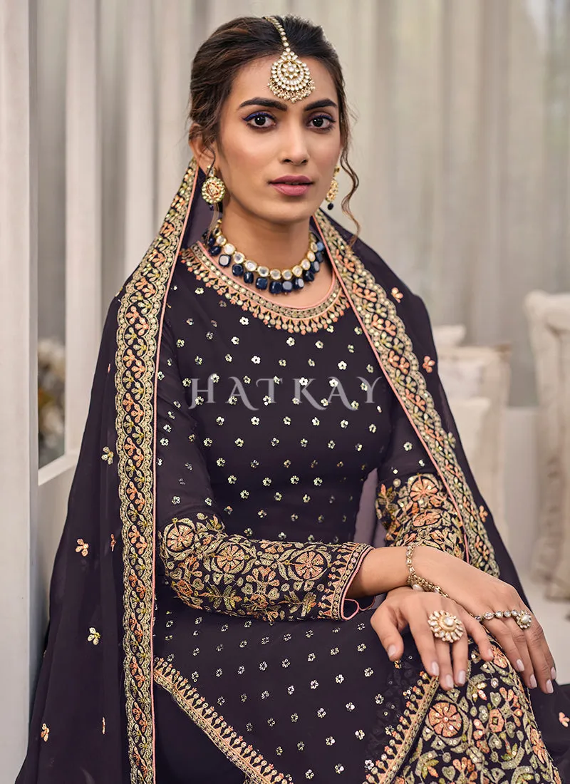 Deep Purple Multi Embroidered Traditional Gharara Suit