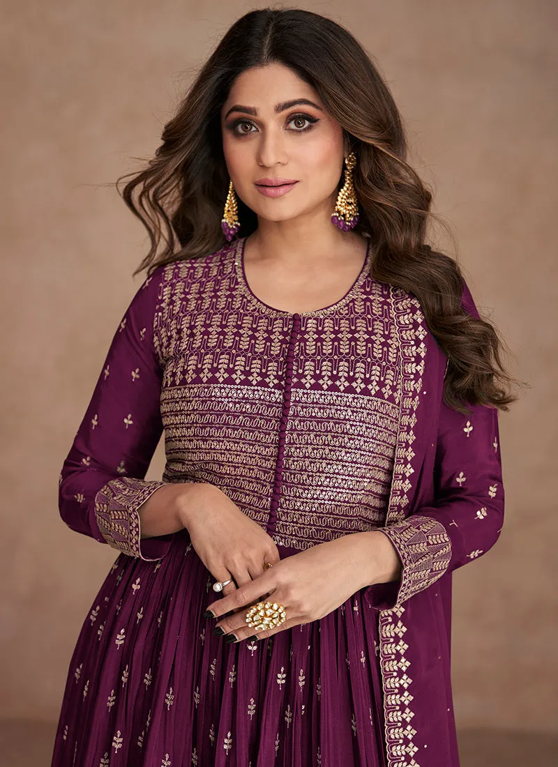 Deep Purple Sequence Embroidery Anarkali Palazzo Suit