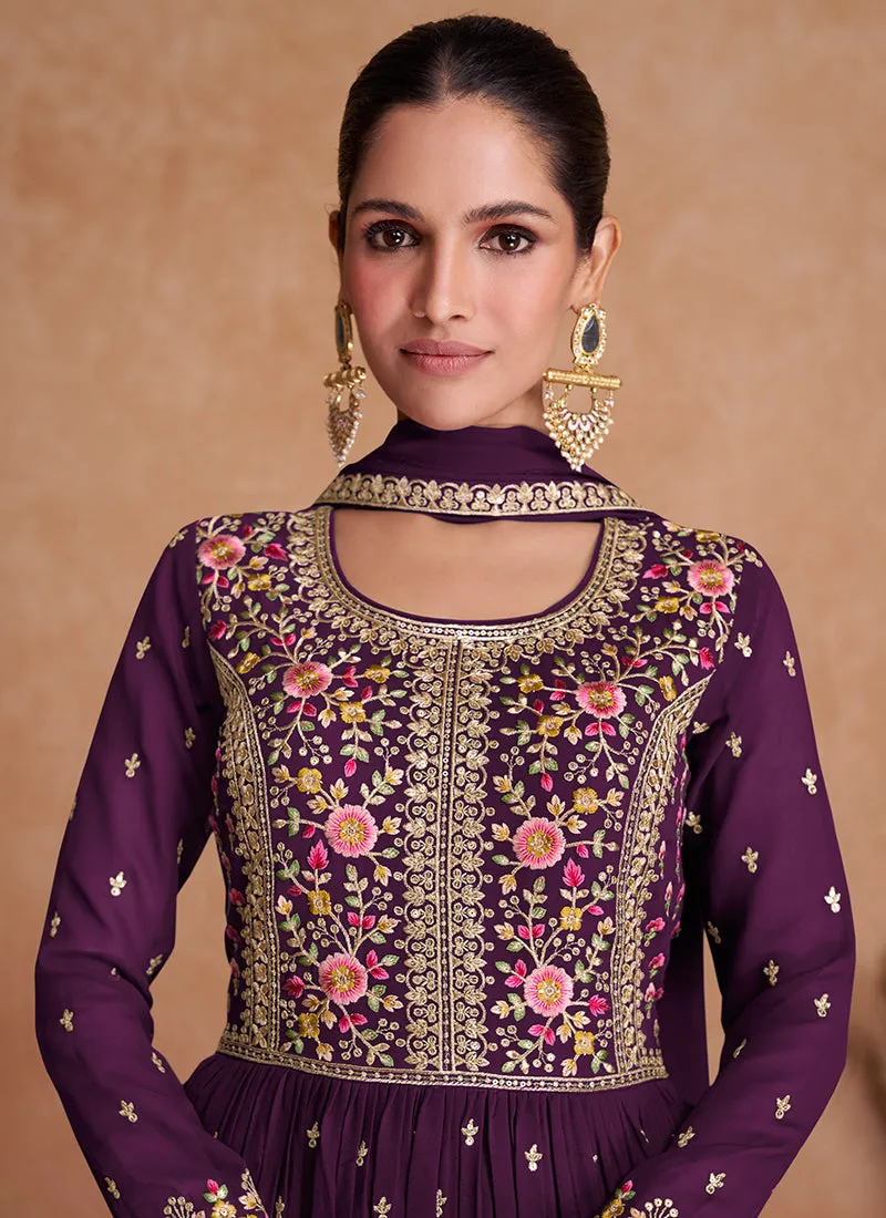 Deep Purple Sequence Embroidery High Slit Palazzo Suit