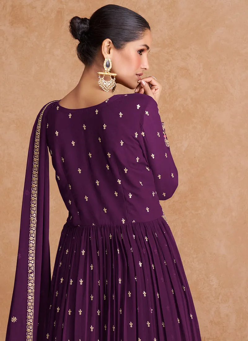 Deep Purple Sequence Embroidery High Slit Palazzo Suit