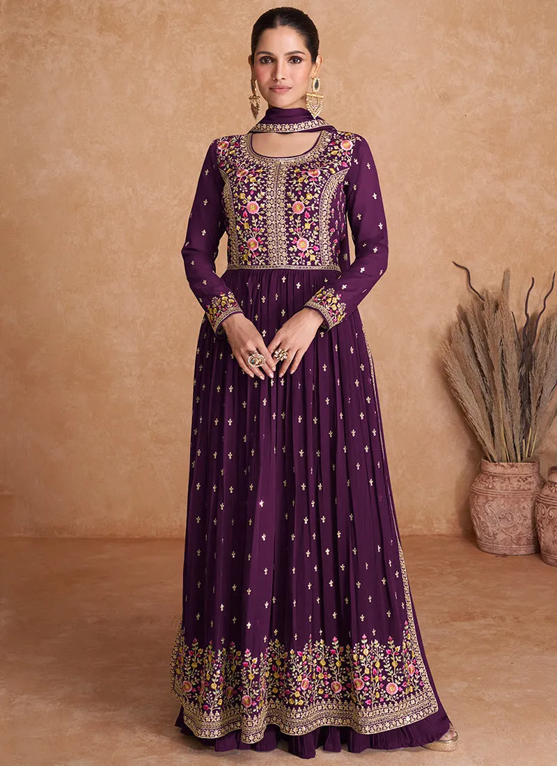 Deep Purple Sequence Embroidery High Slit Palazzo Suit