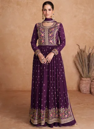 Deep Purple Sequence Embroidery High Slit Palazzo Suit