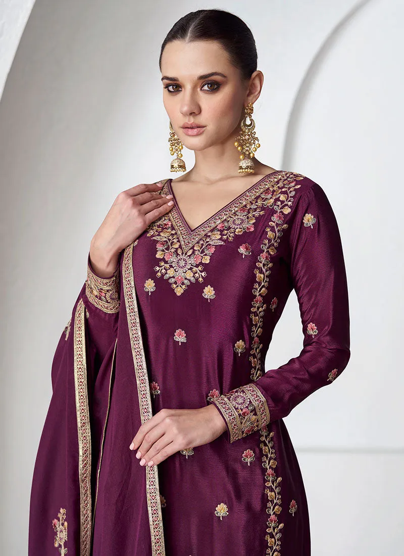 Deep Wine Multi Embroidery Festive Palazzo Suit