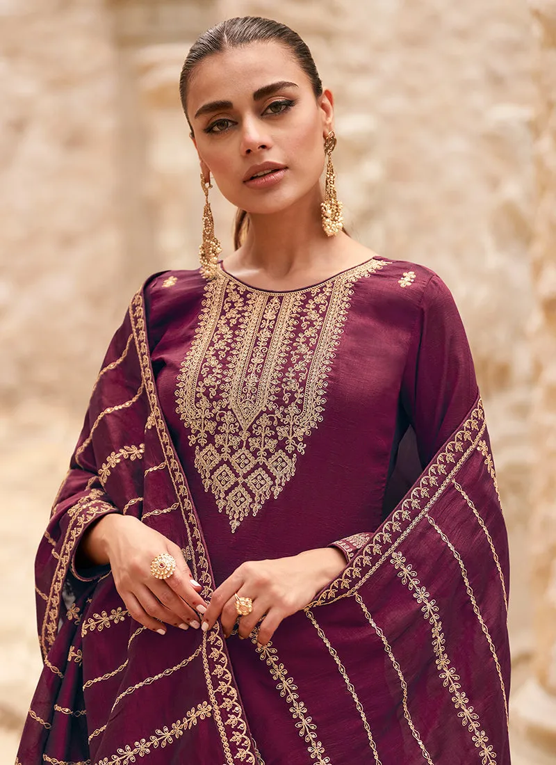 Deep Wine Traditional Embroidery Palazzo Style Suit