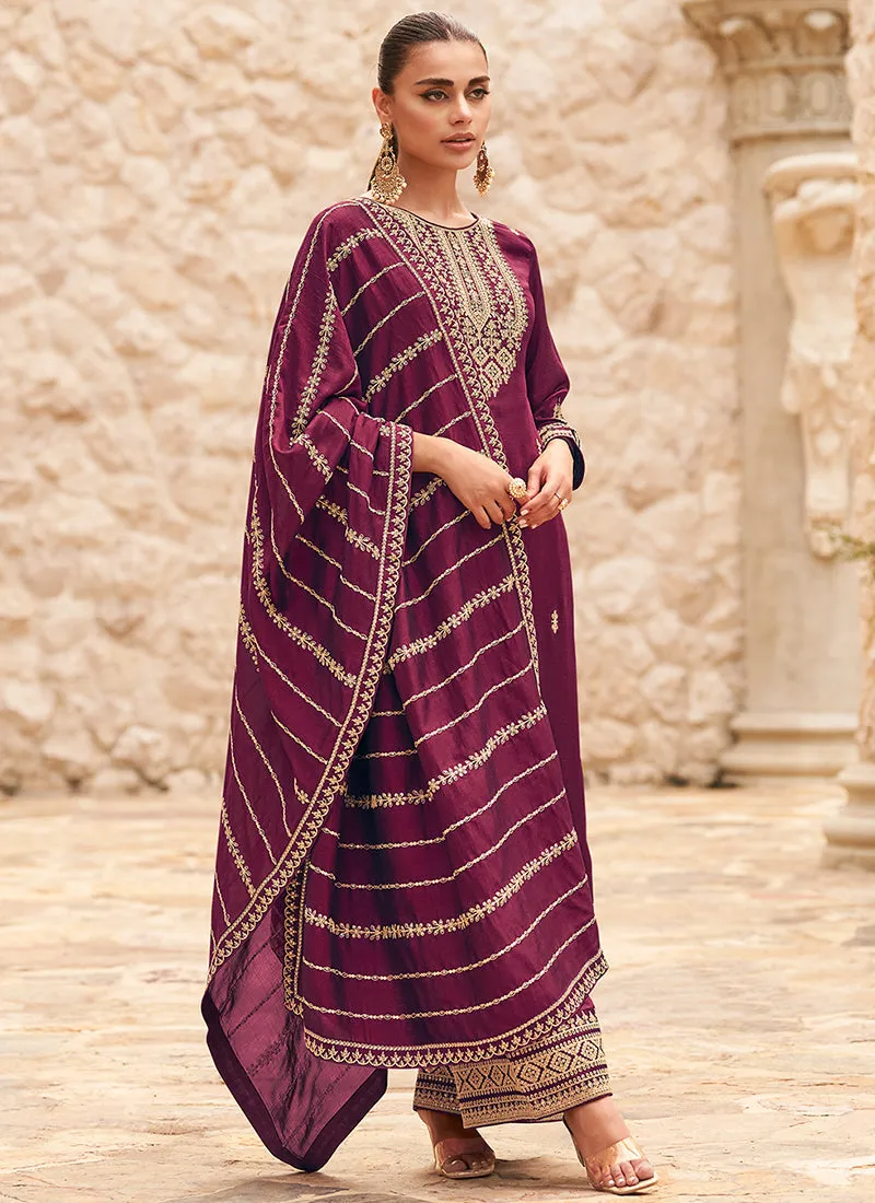 Deep Wine Traditional Embroidery Palazzo Style Suit