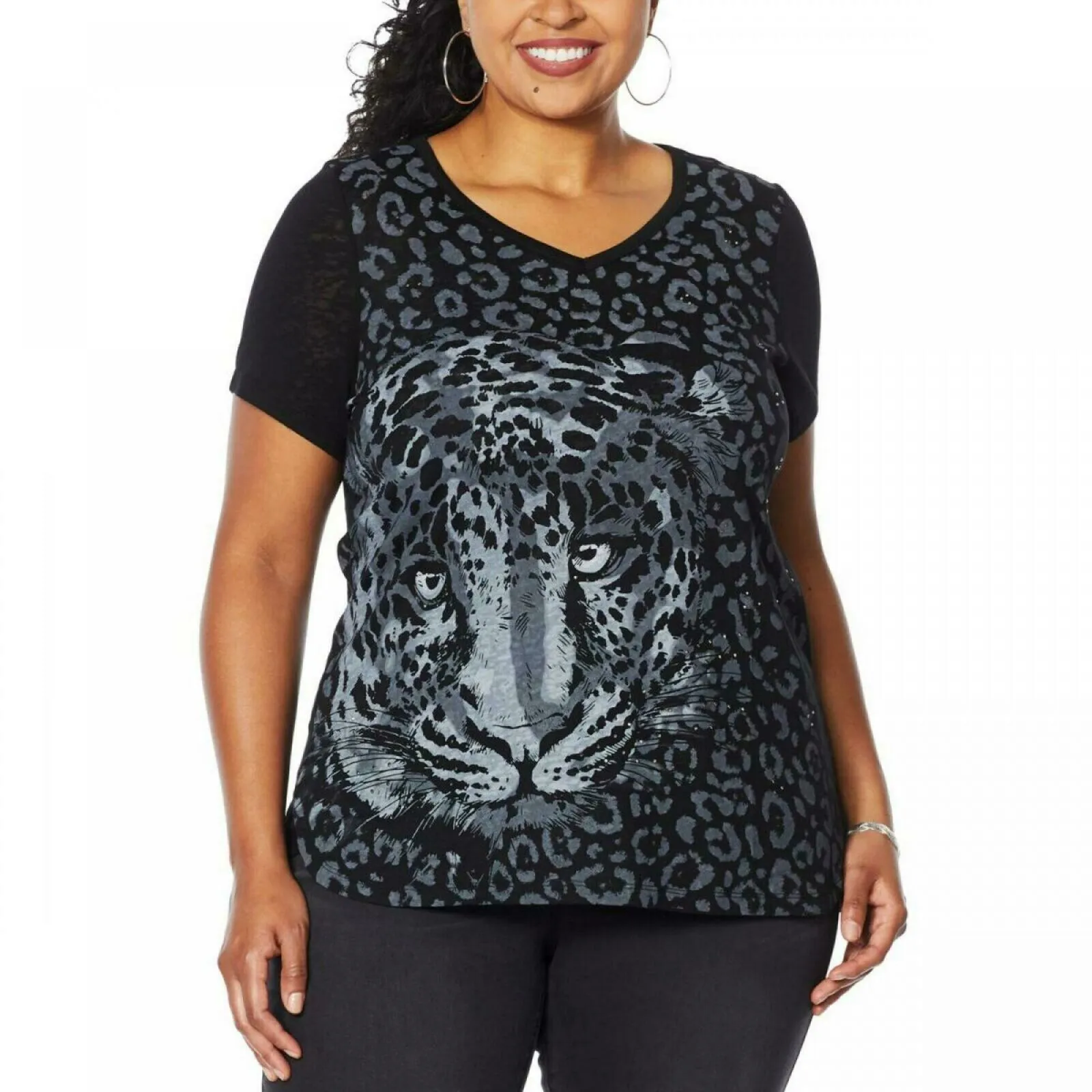 DG2 by Diane Gilman Burnout Printed And Embellished Top Black Leopard Plus 4X