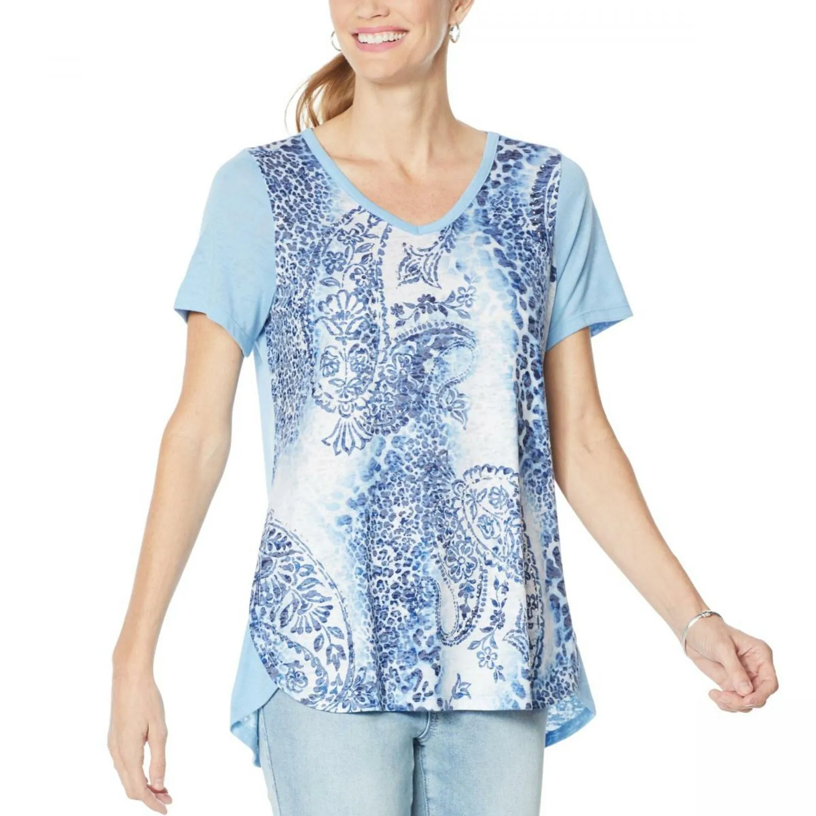 DG2 by Diane Gilman Burnout Printed And Embellished Top Chambray Paisley Large