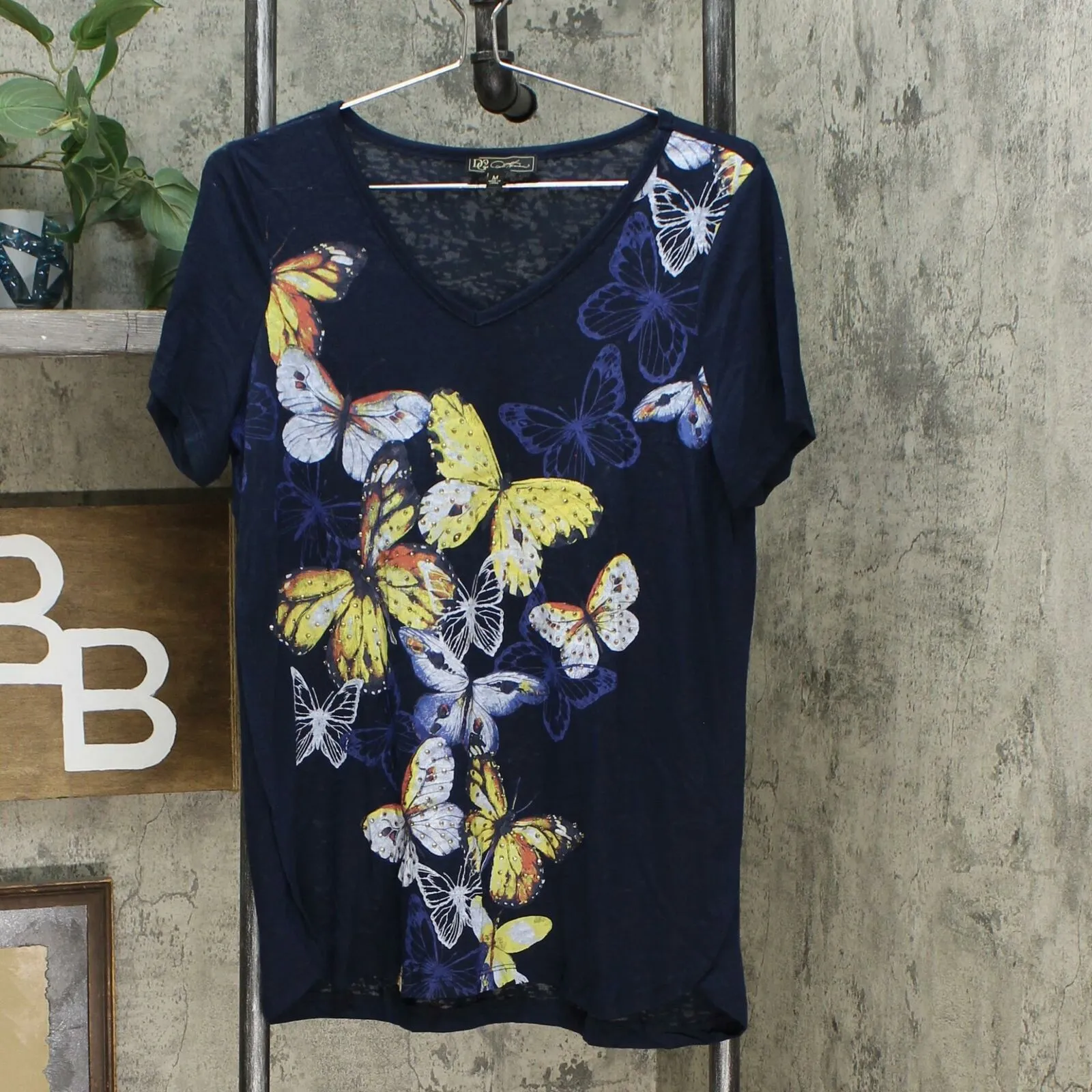 DG2 by Diane Gilman Burnout Printed And Embellished Top Navy Butterfly Medium