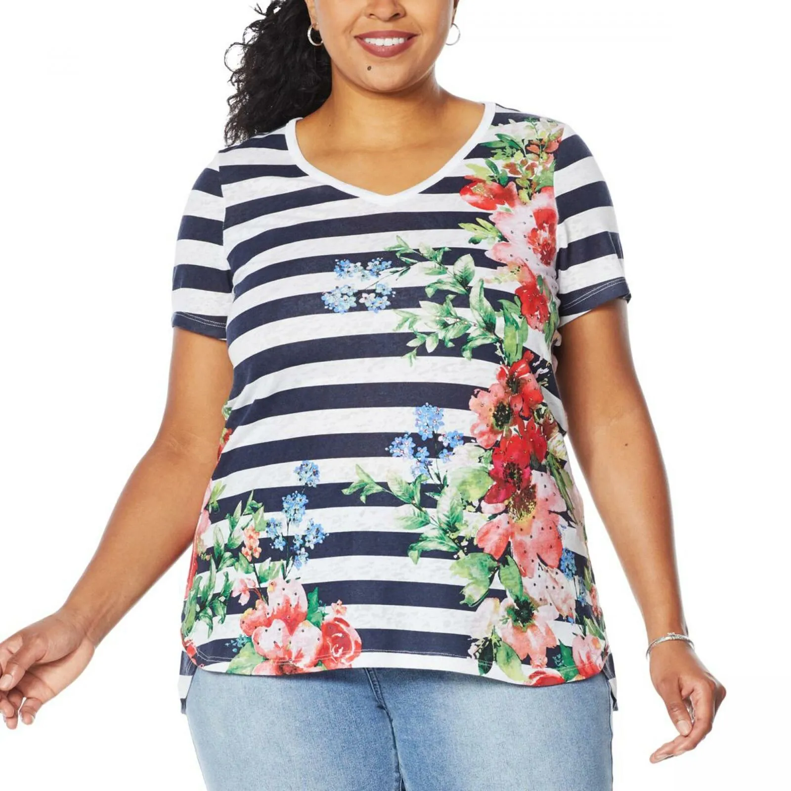 DG2 by Diane Gilman By Gilman Burnout Printed And Embellished Top Navy Plus 1X