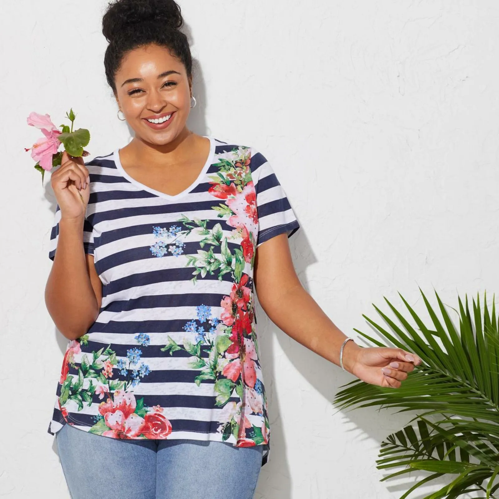 DG2 by Diane Gilman By Gilman Burnout Printed And Embellished Top Navy Plus 1X
