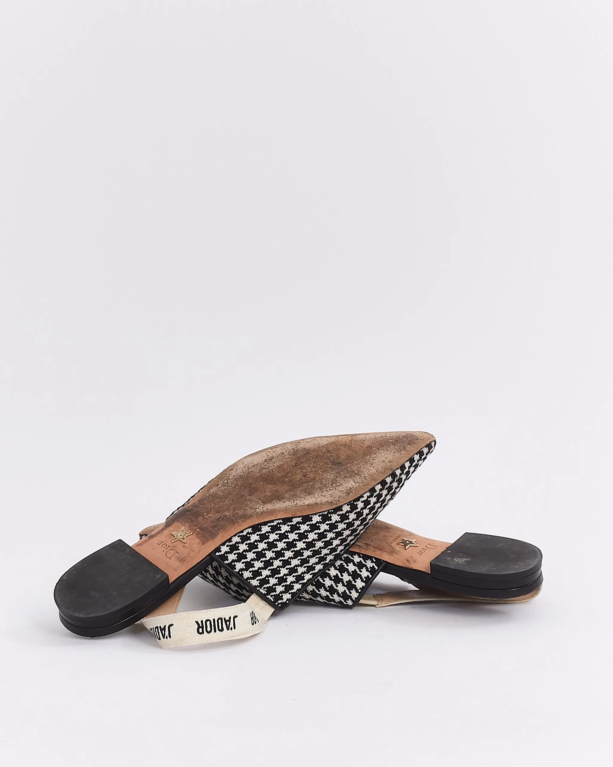 Dior Black & White Wool Houndstooth J'adior Slingback Flats - 39.5