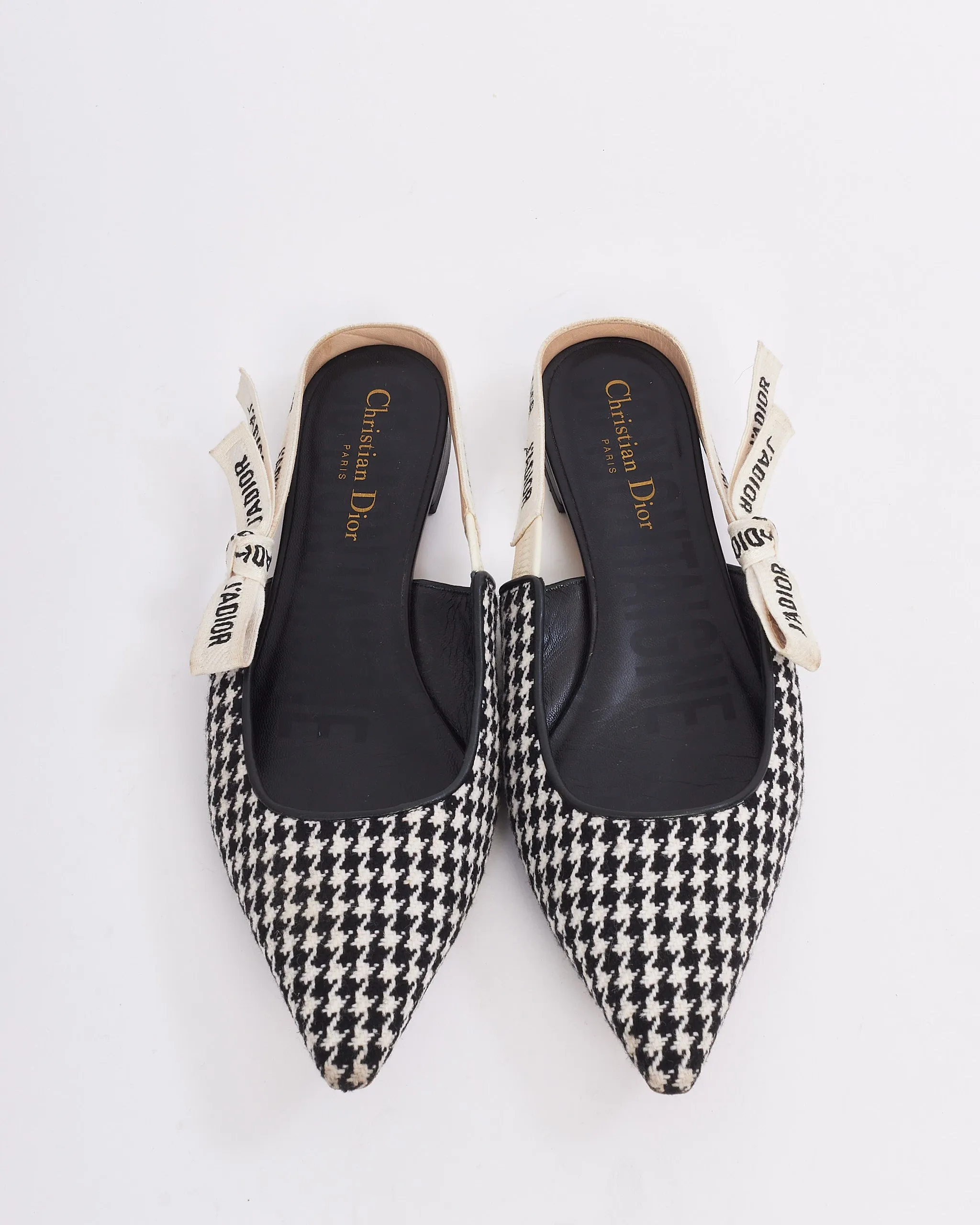 Dior Black & White Wool Houndstooth J'adior Slingback Flats - 39.5