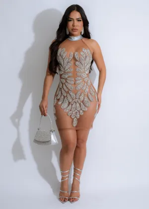 Divine Radiance Mesh Rhinestones Mini Dress Silver