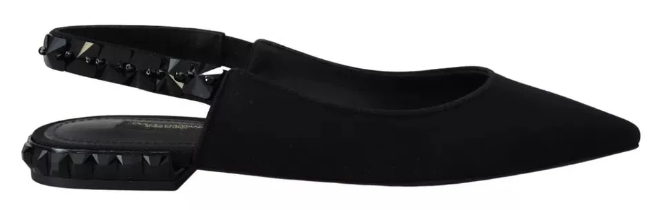Dolce & Gabbana Black Flats Crystal Slingback Charmeuse Shoes
