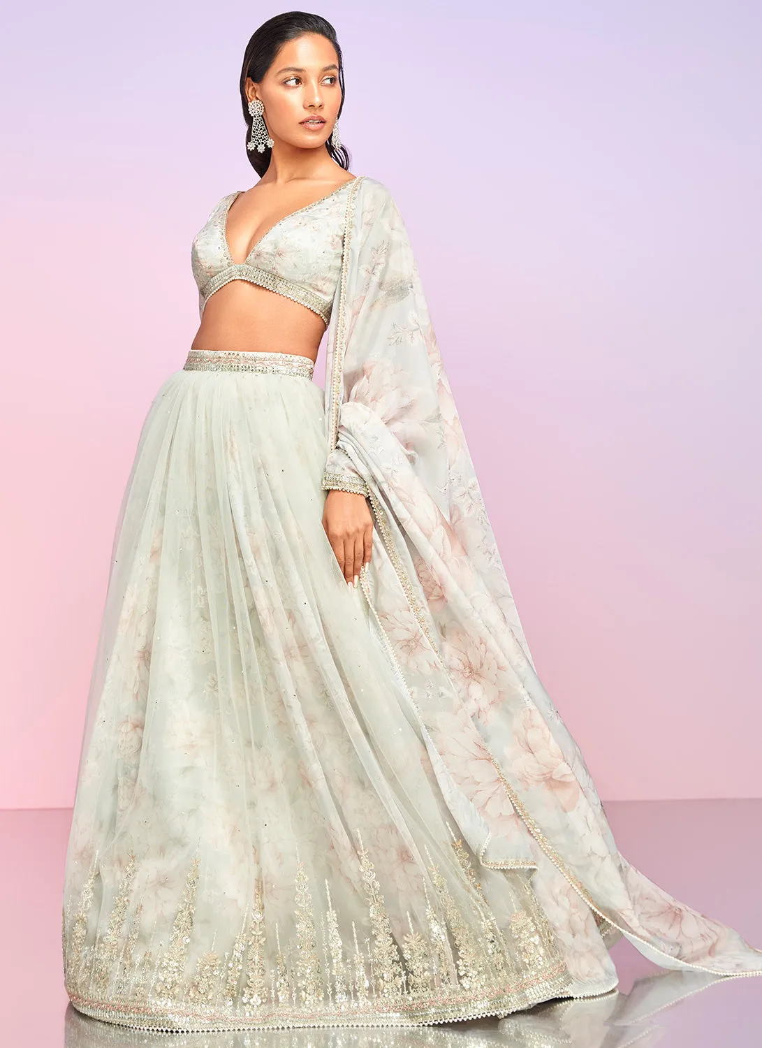 Dusty Grey Floral Embellished Lehenga