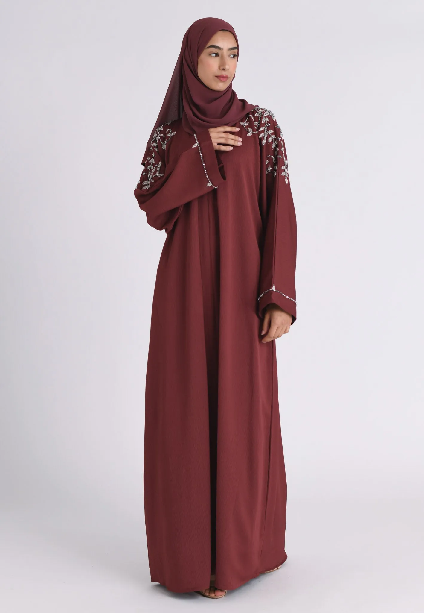 Dusty Mauve Abaya With Silver Embellishments