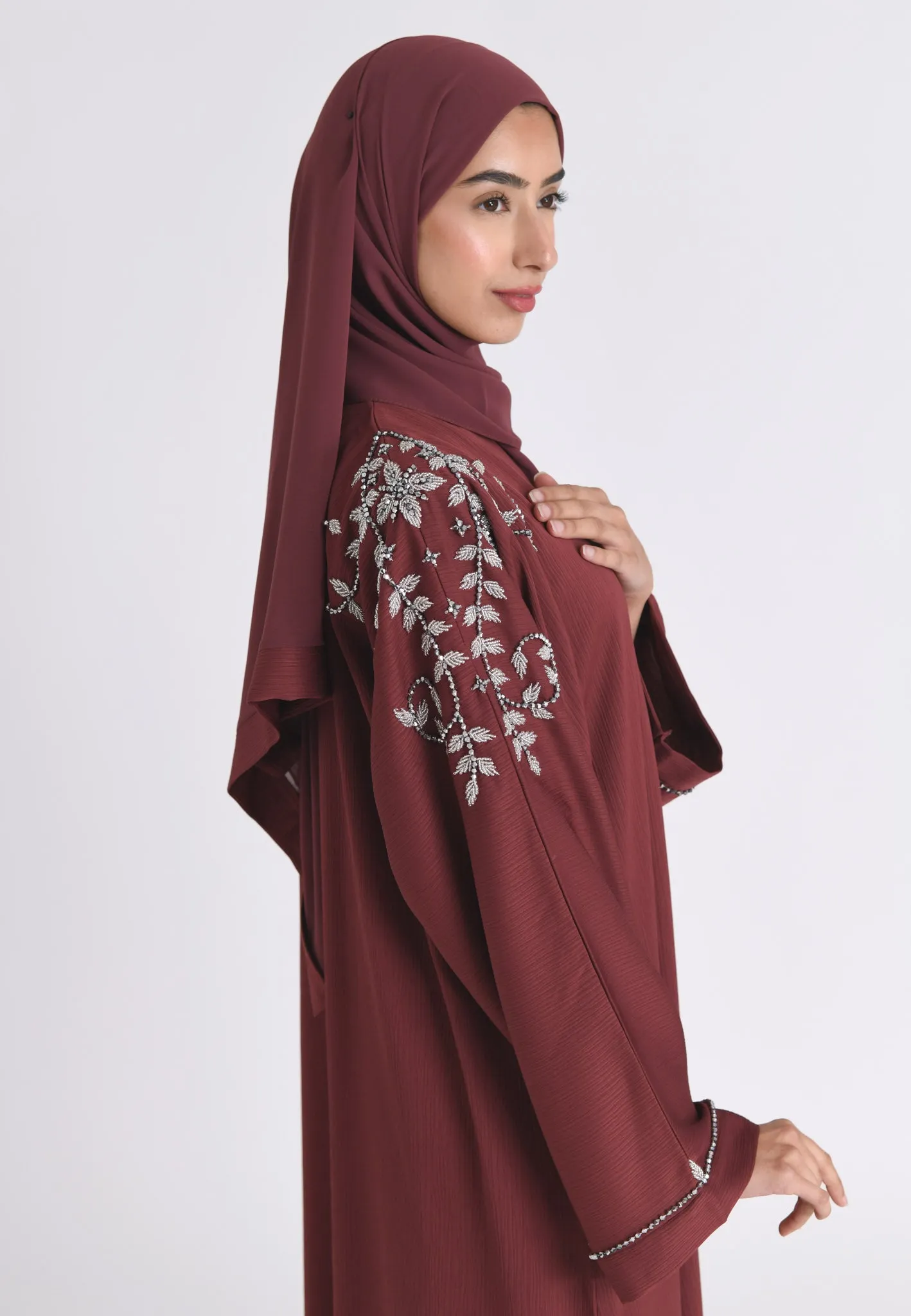 Dusty Mauve Abaya With Silver Embellishments