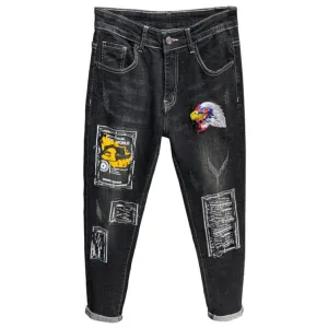 Eagle Head Embroidery Printed Denim Men's Patch Straight Pants