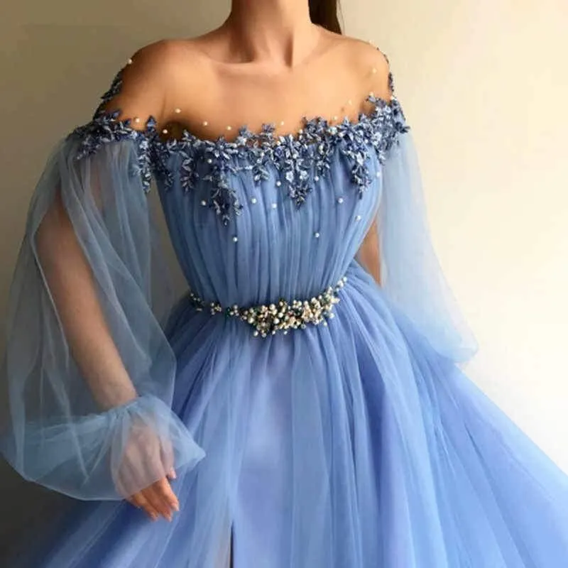 Elegant Blue Long Sleeves Off the Shoulder Beaded Side Slit Prom Dresses TN167